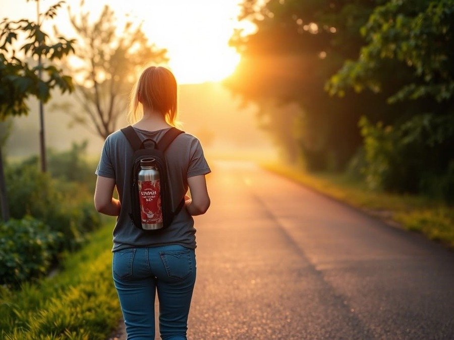 Pessoa caminhando ao ar livre pela manhã, sob a luz suave do amanhecer, representando hábitos saudáveis e início de transformação.