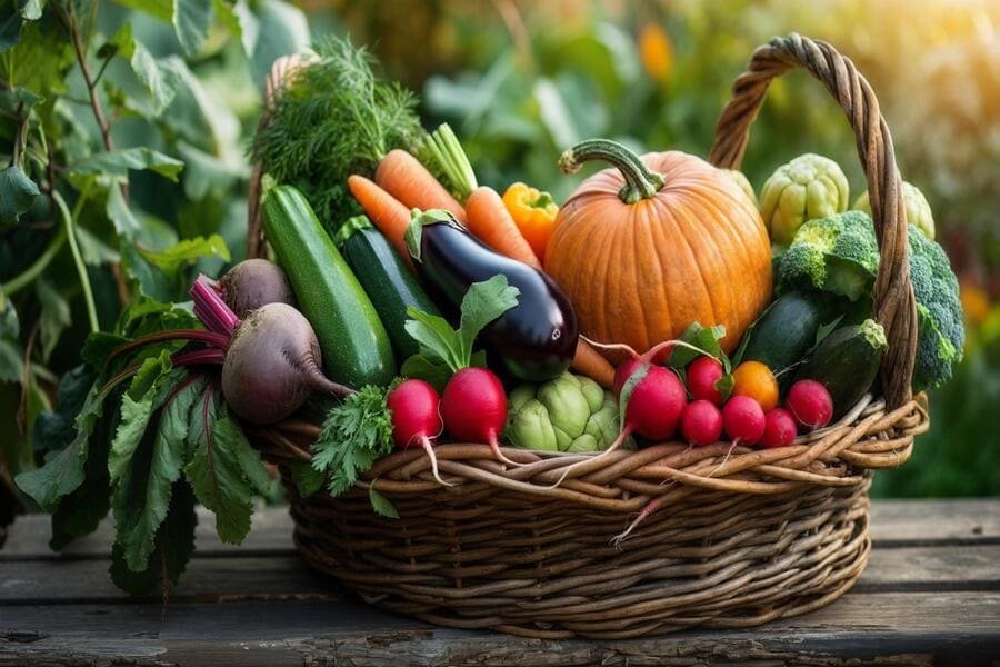 Cesta com os 7 legumes frescos em um ambiente ao ar livre, como uma feira ou jardim