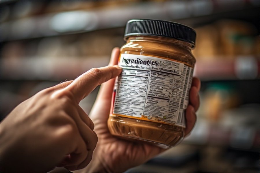 Pessoa apontando para a lista de ingredientes no rótulo de um pote de manteiga de amendoim.
