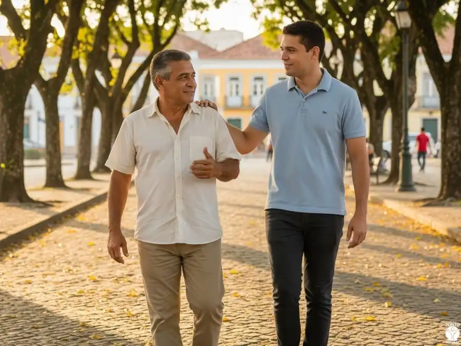 Homem maduro caminhando e conversando com jovem em parque brasileiro, luz dourada do fim de tarde, simbolizando legado de integridade, liderança e masculinidade saudável.