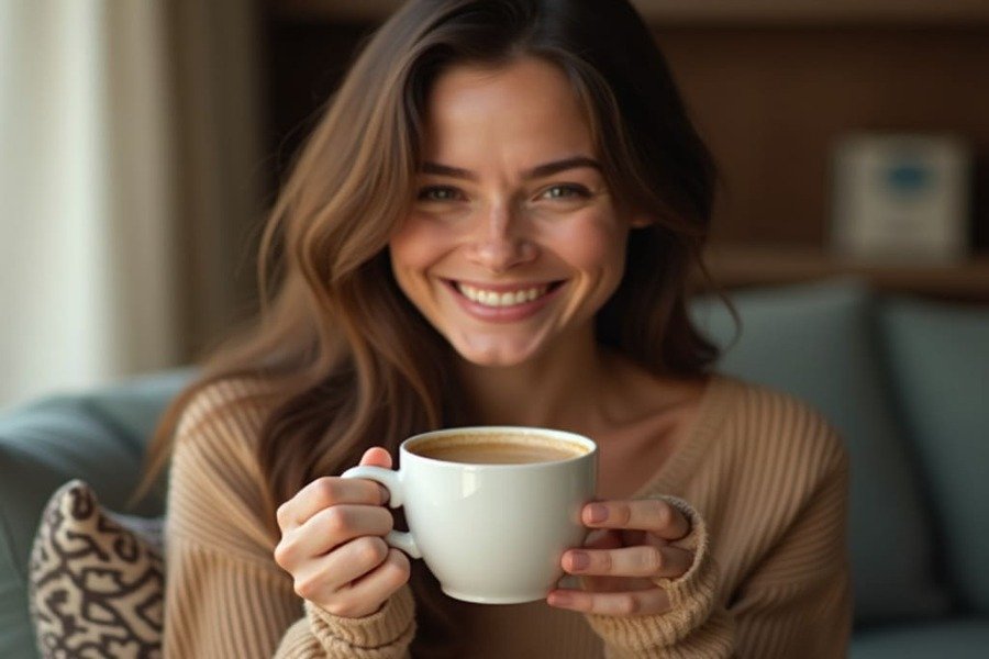 Pessoa sorridente segurando uma caneca de café em ambiente aconchegante e iluminado naturalmente.