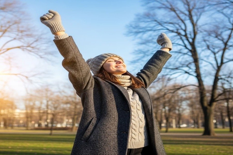 Pessoa feliz ao ar livre no inverno, estendendo os braços para o sol em um dia claro e frio.