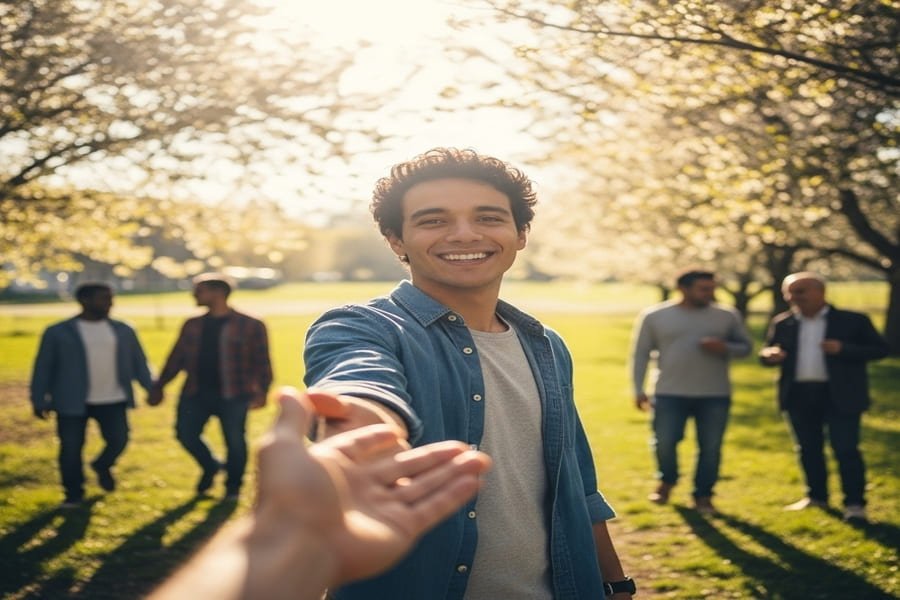 Como lidar com a solidão. Pessoa sorridente ao ar livre, estendendo a mão para simbolizar conexão, com outras pessoas ao fundo em parque.