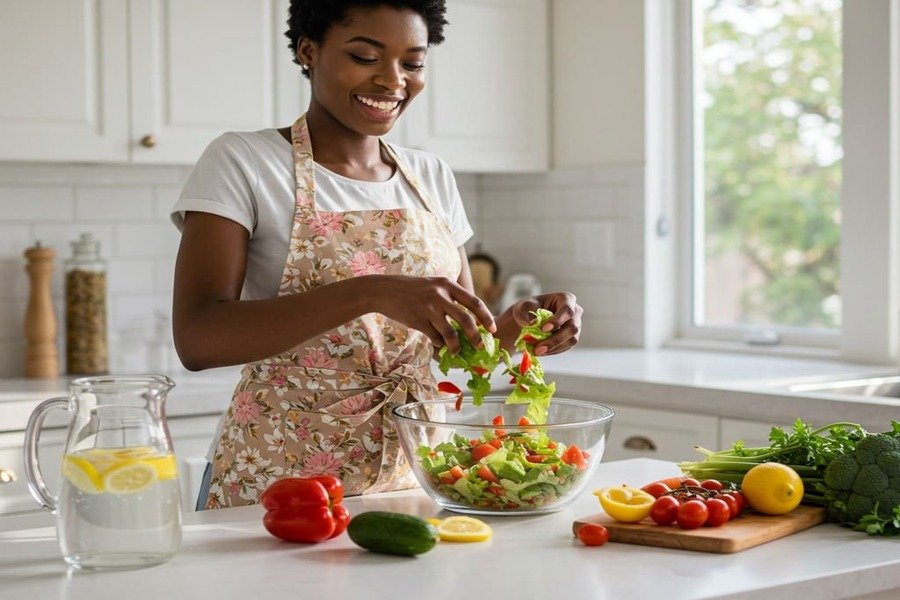 Mulher preparando refeição saudável com vegetais coloridos e água aromatizada.