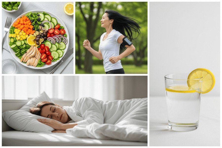 Montagem com comida saudável, caminhada, sono e copo d’água com limão.