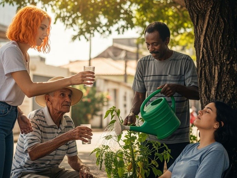 Comunidade brasileira se ajudando no calor: oferecendo água, sombra e cuidado coletivo.