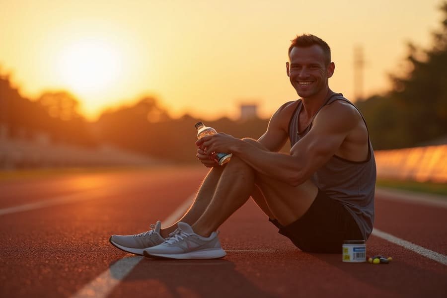 Corredor relaxando após corrida, com creatina ao lado, em clima de satisfação.