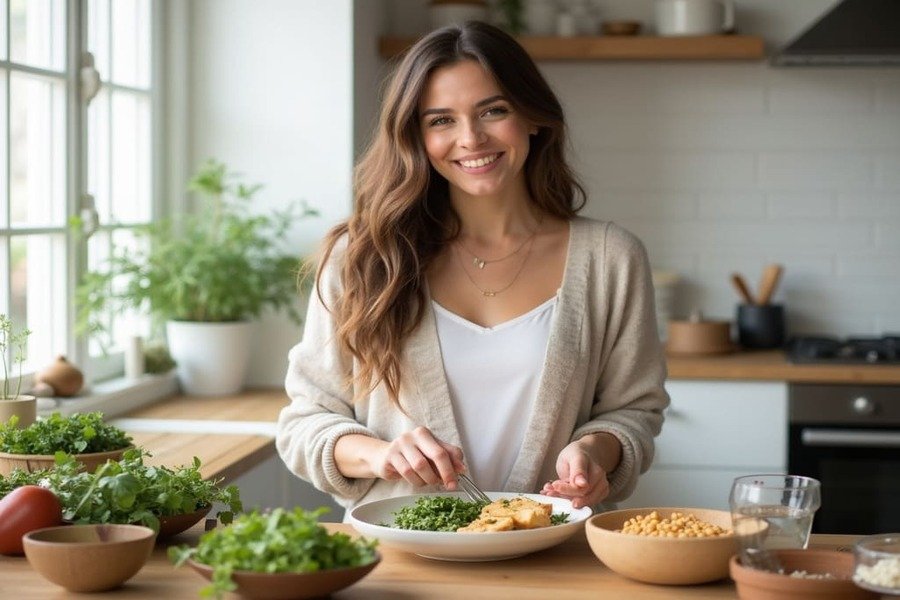 Mulher sorridente preparando uma refeição vegetariana em uma cozinha iluminada.