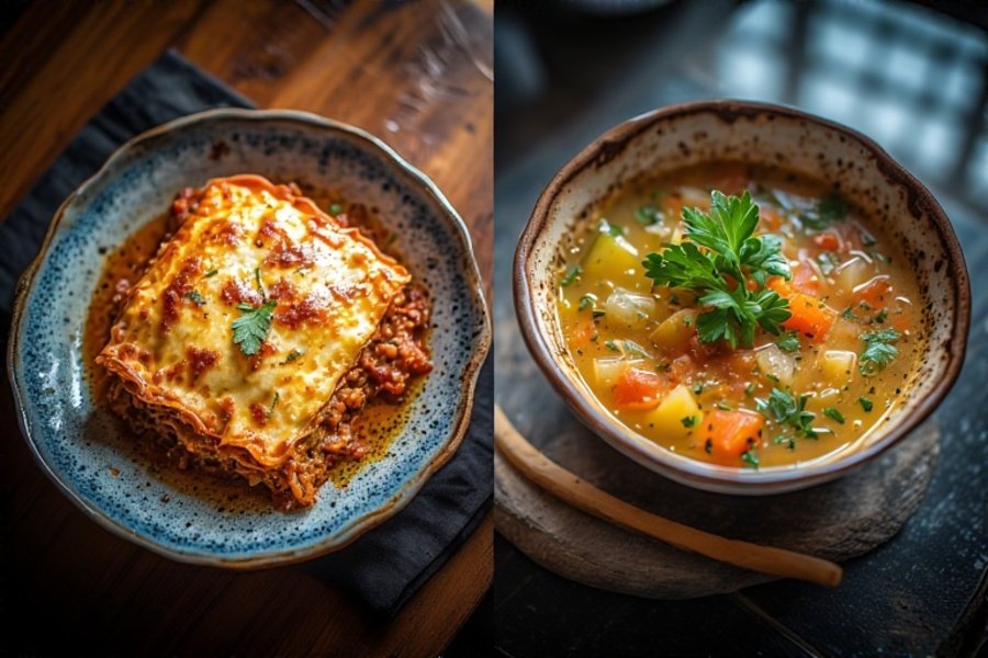 Comparação entre um prato de lasanha pesada e uma tigela de sopa de legumes leve para o jantar.
