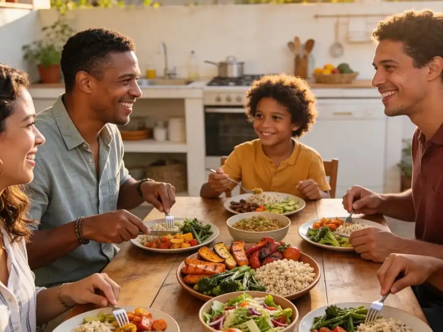Família ou amigos compartilhando refeição colorida e plant-based em mesa brasileira, luz dourada do fim de tarde, simbolizando conexão, prazer e impacto positivo da alimentação consciente.