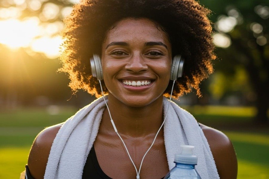 Pessoa suada e sorridente após exercício no parque, parecendo confiante e feliz com o próprio corpo.