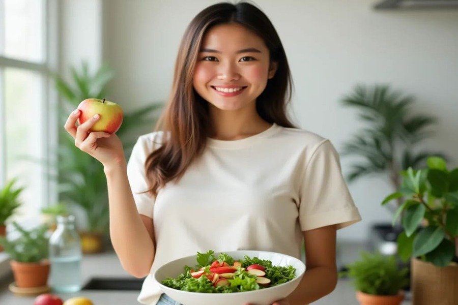 Mulher sorridente em uma cozinha segurando uma salada e uma maçã, simbolizando um estilo de vida saudável e rico em fibras.