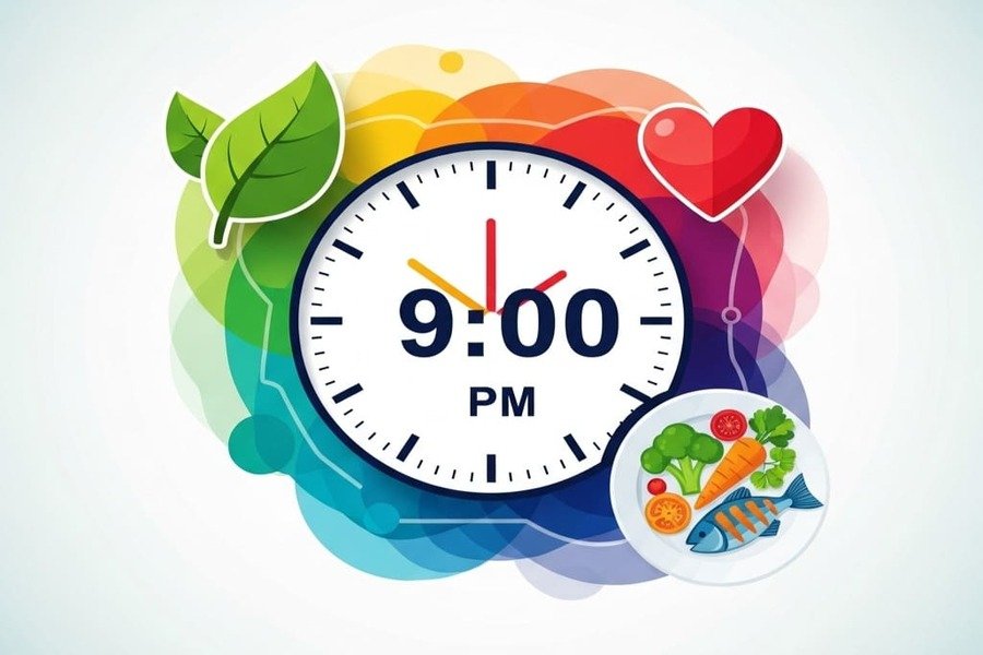 Ilustração de relógio marcando 3 horas antes da meia-noite, com ícones de saúde e comida saudável.