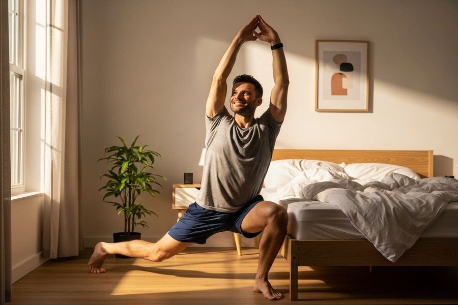 Homem fazendo alongamento matinal ao lado da cama, sorrindo sob a luz quente da manhã.