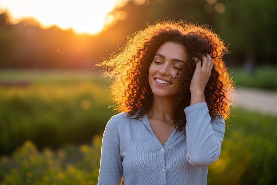 Mulher com cabelos cacheados sorrindo e tocando os cabelos com confiança ao ar livre sob luz natural quente.