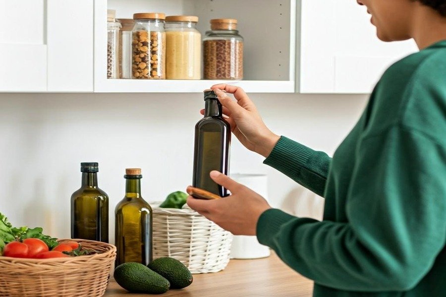 Uma pessoa pegando uma garrafa de azeite em uma cozinha iluminada e organizada, cercada por ingredientes saudáveis para cozinhar.