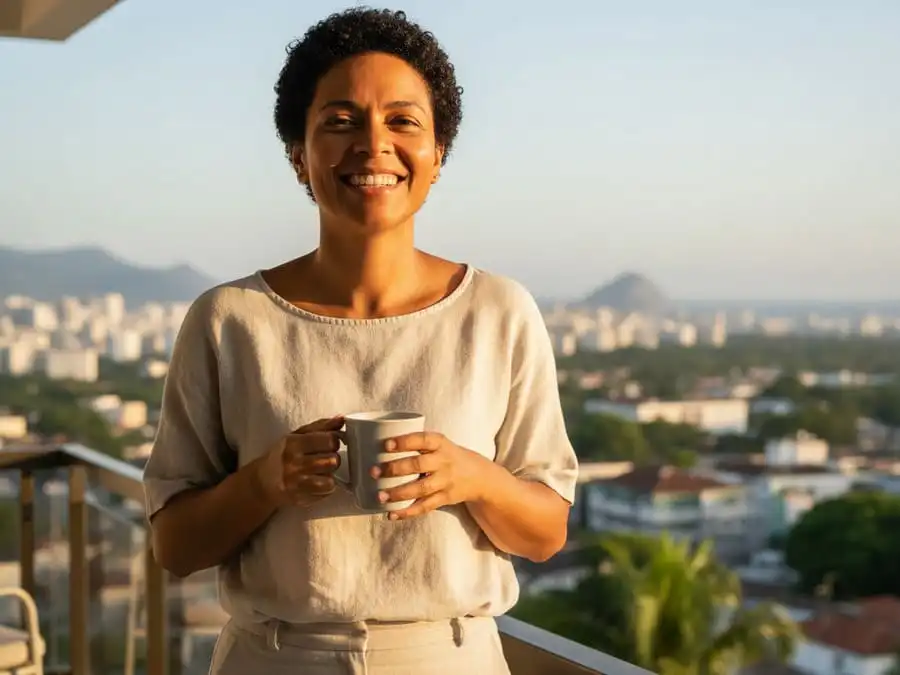 Pessoa com energia renovada e sorriso após manhã produtiva, luz natural suave do amanhecer brasileiro, simbolizando bem-estar, disciplina e transformação real.