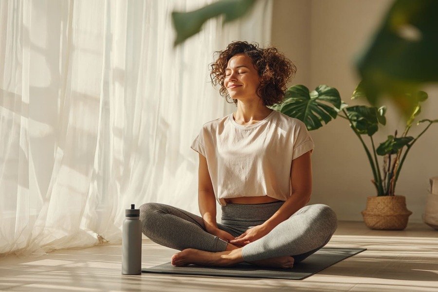 Mulher meditando ao amanhecer em um ambiente tranquilo, simbolizando autocuidado e equilíbrio.
