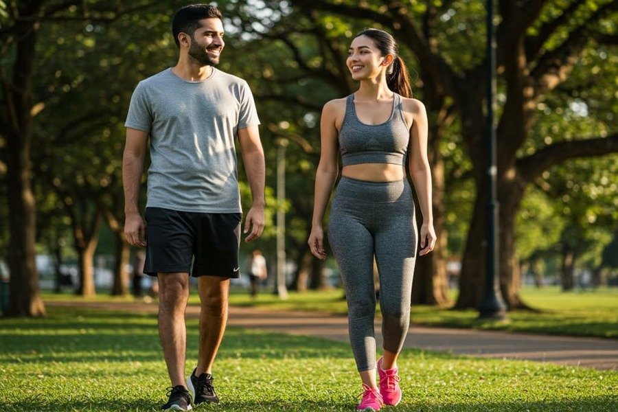 Casal caminhando sorridente em um parque ao entardecer, demonstrando bem-estar e leveza.