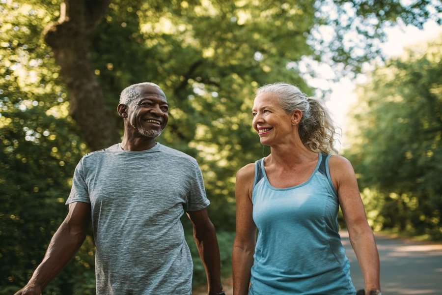 Casal caminhando sorridente em um parque, demonstrando bem-estar e confiança.
