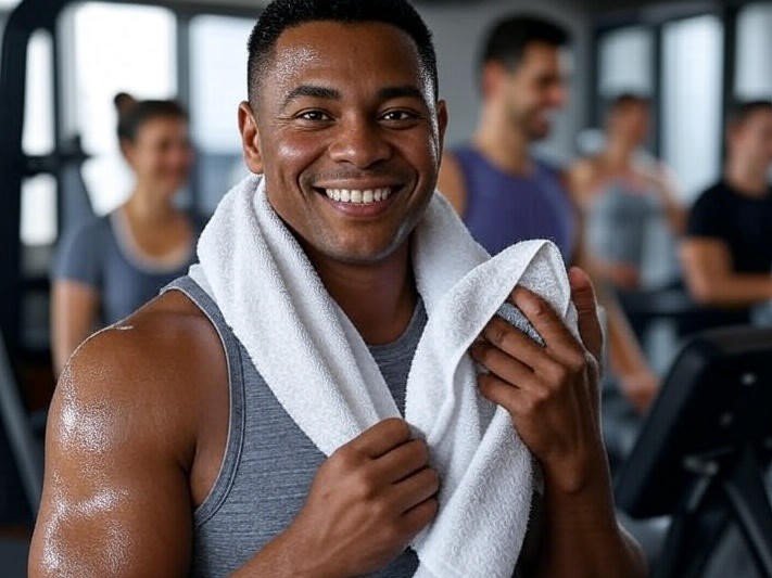 Pessoa sorrindo após o treino, usando toalha e demonstrando segurança e familiaridade com a academia.