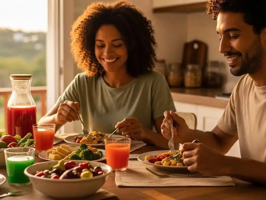 Pessoa ou família compartilhando refeição saudável com sorrisos de calma e satisfação, luz dourada do fim de tarde em cozinha/varanda brasileira, simbolizando saúde mental fortalecida pela nutrição.