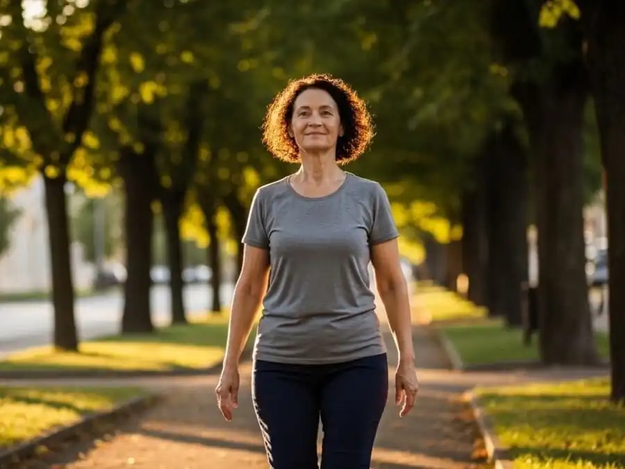 Pessoa idosa caminhando com postura ereta e confiança em parque brasileiro, luz dourada do fim de tarde, simbolizando longevidade ativa e independência graças ao cuidado postural precoce.