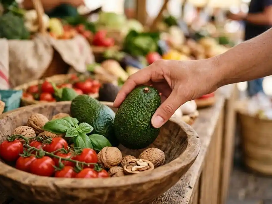 Close-up fotorealista de uma mão selecionando um abacate maduro de uma tigela de madeira com nozes e tomates-cereja, representando escolhas alimentares saudáveis.
