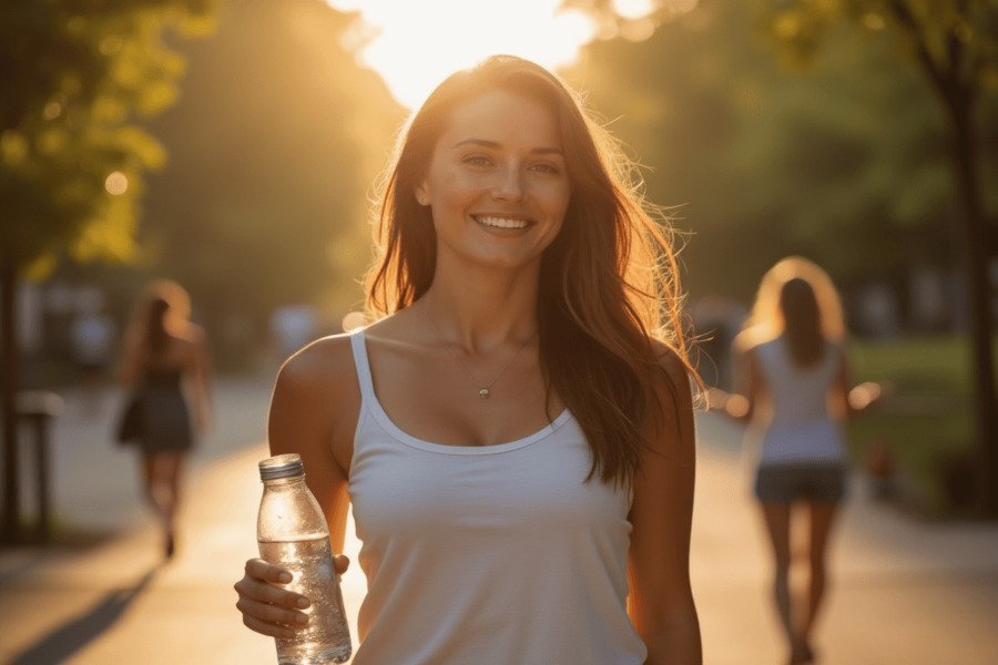 Mulher sorrindo durante caminhada ao ar livre, transmitindo energia e bem-estar após reduzir o consumo de açúcar.