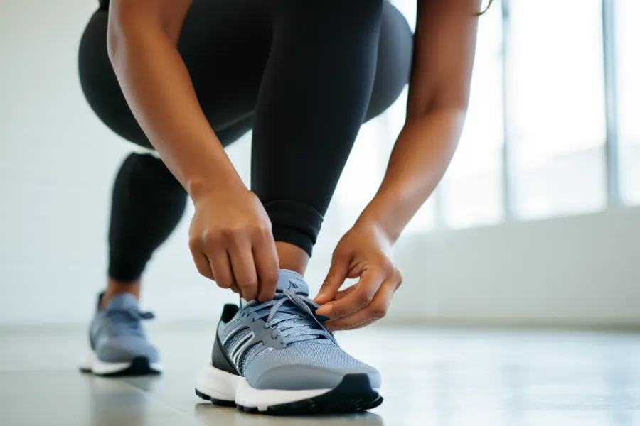 Close-up de uma pessoa em roupa esportiva amarrando tênis, pronta para um dia ativo e cheio de estilo.