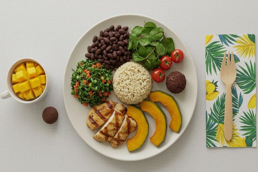Vista superior de um prato colorido com arroz integral, feijão, frango grelhado, abóbora, salada e uma fatia de manga, com um brigadeiro ao lado, sobre uma toalha branca.