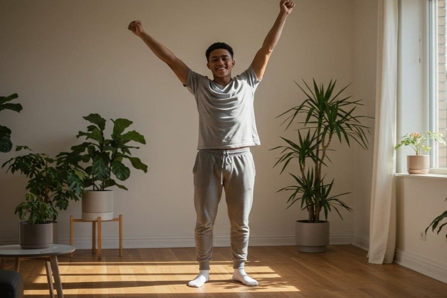 Pessoa sorridente se alongando com os braços para cima, sentindo-se renovada após o exercício.