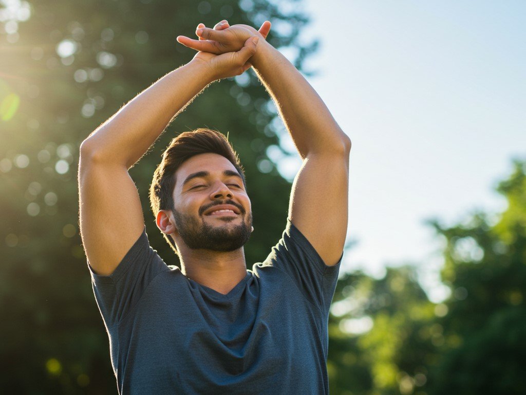 Homem sorridente se alongando ao ar livre ao nascer do sol, com expressão relaxada e energizada.