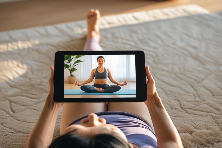 Pessoa seguindo uma aula de yoga online em um tablet no chão da sua sala de estar.