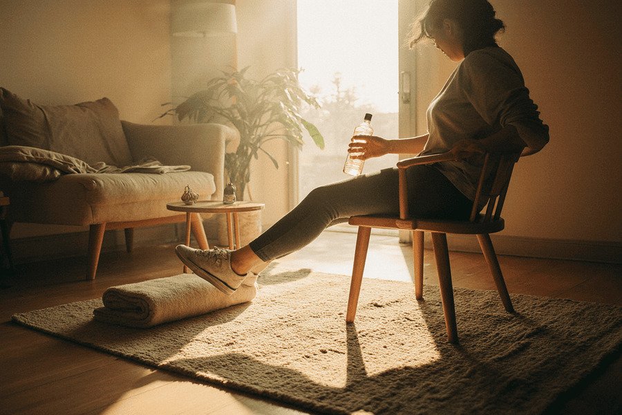Pessoa fazendo um mergulho de tríceps em uma cadeira, segurando uma garrafa d’água como peso, com uma toalha no chão para um afundo deslizante, em uma sala de estar aconchegante com sofá, mesa e uma planta pequena