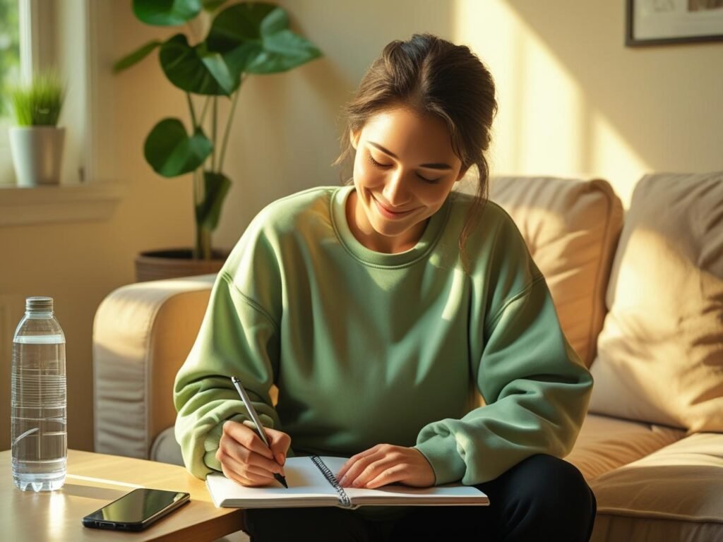 Pessoa anotando progresso de treino em um caderno, com moletom verde, garrafa d’água e celular na mesa, em uma sala com planta e luz natural.