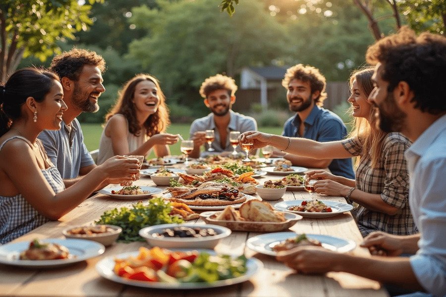 Grupo de pessoas felizes compartilhando uma refeição mediterrânea em uma mesa ao ar livre.