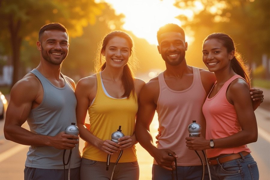 Quatro pessoas de diferentes idades e tons de pele, sorrindo após um treino ao ar livre, segurando garrafas d’água e uma corda de pular. Uma delas faz um sinal de positivo, com um pôr do sol dourado ao fundo, em um parque vibrante.