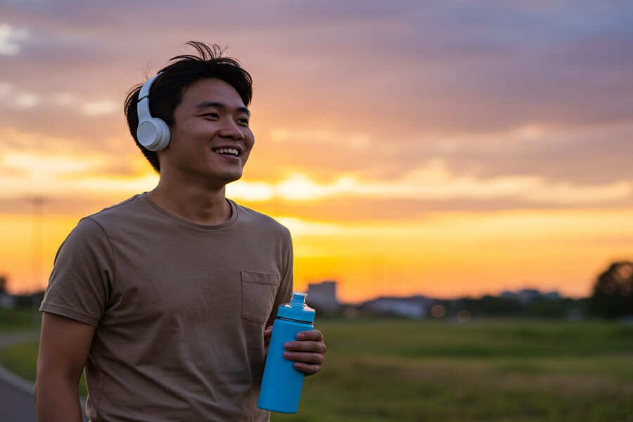 Pessoa caminhando com fones de ouvido e garrafa de água ao pôr do sol.
