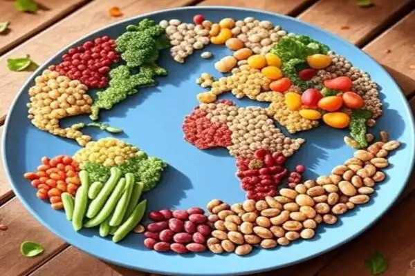 Mapa-múndi artístico formado por alimentos vegetais sobre prato azul: continentes criados com feijão vermelho, feijão carioca, lentilhas, grão-de-bico, ervilhas, brócolis, cenouras baby, vagens, milho e outros grãos e legumes frescos, simbolizando alimentação global e diversidade vegetal.