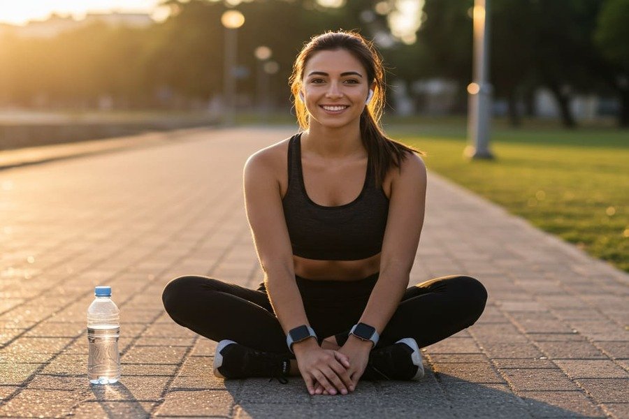 Mulher sorridente se alongando ao ar livre após o treino, com expressão de bem-estar e satisfação.