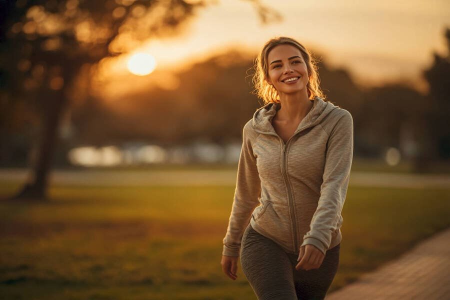 Grupo de pessoas praticando dança, ciclismo e ioga em um parque ensolarado, com roupas esportivas coloridas e expressões de alegria, sob luz natural.