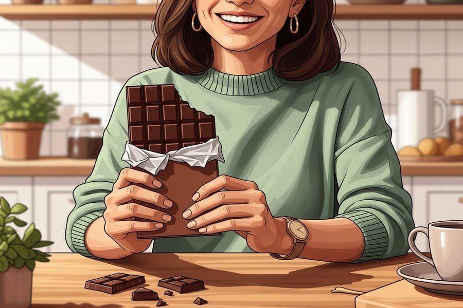 Pessoa sorridente segurando uma barra de chocolate negro em uma cozinha acolhedora, com pedaços quebrados sobre uma mesa de madeira, iluminada por luz natural em tons quentes.