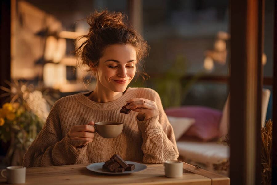 Pessoa sorridente saboreando um pequeno pedaço de chocolate negro em uma mesa com uma xícara de chá, em um ambiente aconchegante com luz suave e tons neutros.