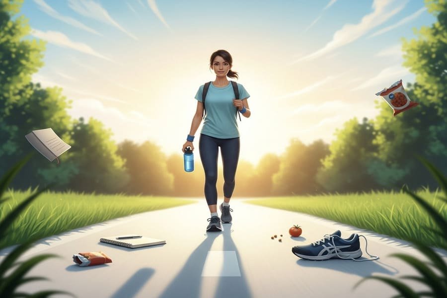 Imagem de uma pessoa dando um passo confiante em um caminho cercado por vegetação, com um nascer do sol ao fundo, segurando uma garrafa d’água, com elementos como um caderno e tênis simbolizando novos hábitos.