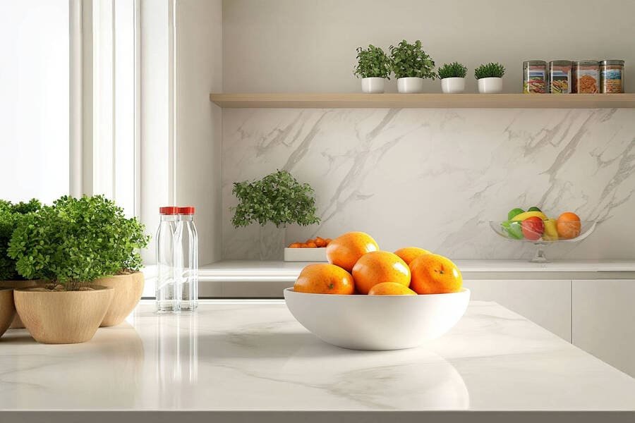 Imagem de uma bancada de cozinha organizada com uma fruteira cheia de frutas coloridas, um copo d’água e uma garrafa reutilizável, em um ambiente limpo e iluminado, com uma planta e um livro de receitas saudáveis ao fundo.