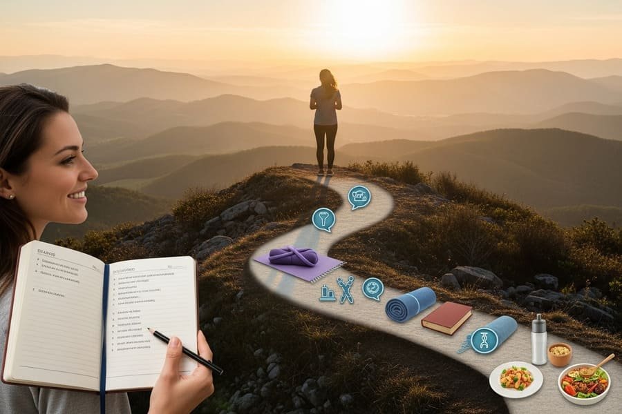 Imagem de uma pessoa em um topo de colina ao pôr do sol, segurando um caderno com uma lista de tarefas, com um caminho sinuoso ao fundo contendo símbolos de hábitos como um tapete de yoga e um livro, em um ambiente inspirador.