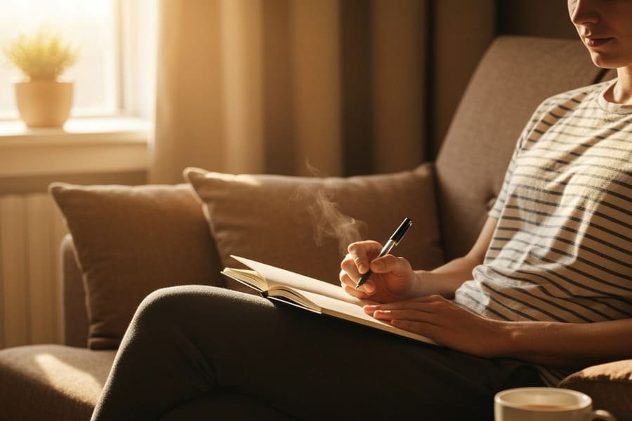 Pessoa relaxada em casa, escrevendo em diário com ambiente calmo e tênis de corrida ao fundo.
