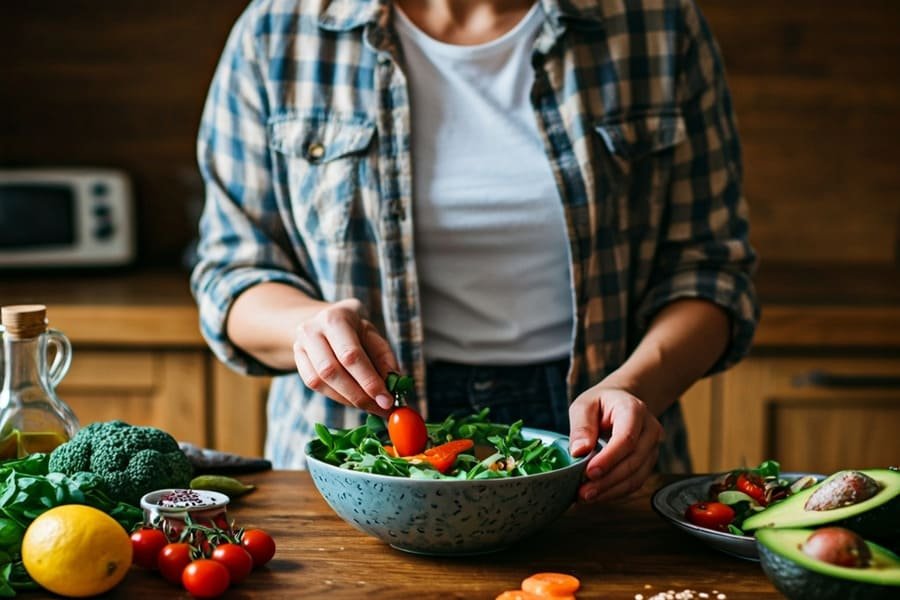 Pessoa preparando uma salada colorida com vegetais frescos em uma mesa de madeira rústica, com azeite, limão e grãos integrais ao redor, sob luz natural quente.