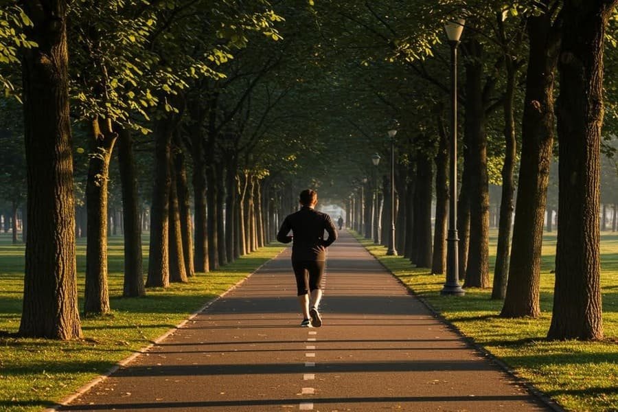 Corredor solitário em harmonia com o ambiente em um parque arborizado, durante corrida leve ao amanhecer.